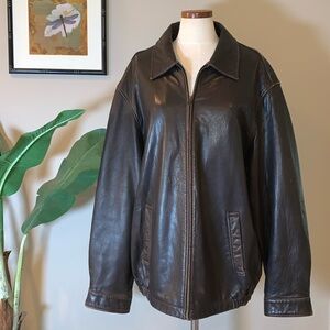 Vintage 90s Nautica Brown Leather Coat Jacket, Zip Front Closure, Size 48
